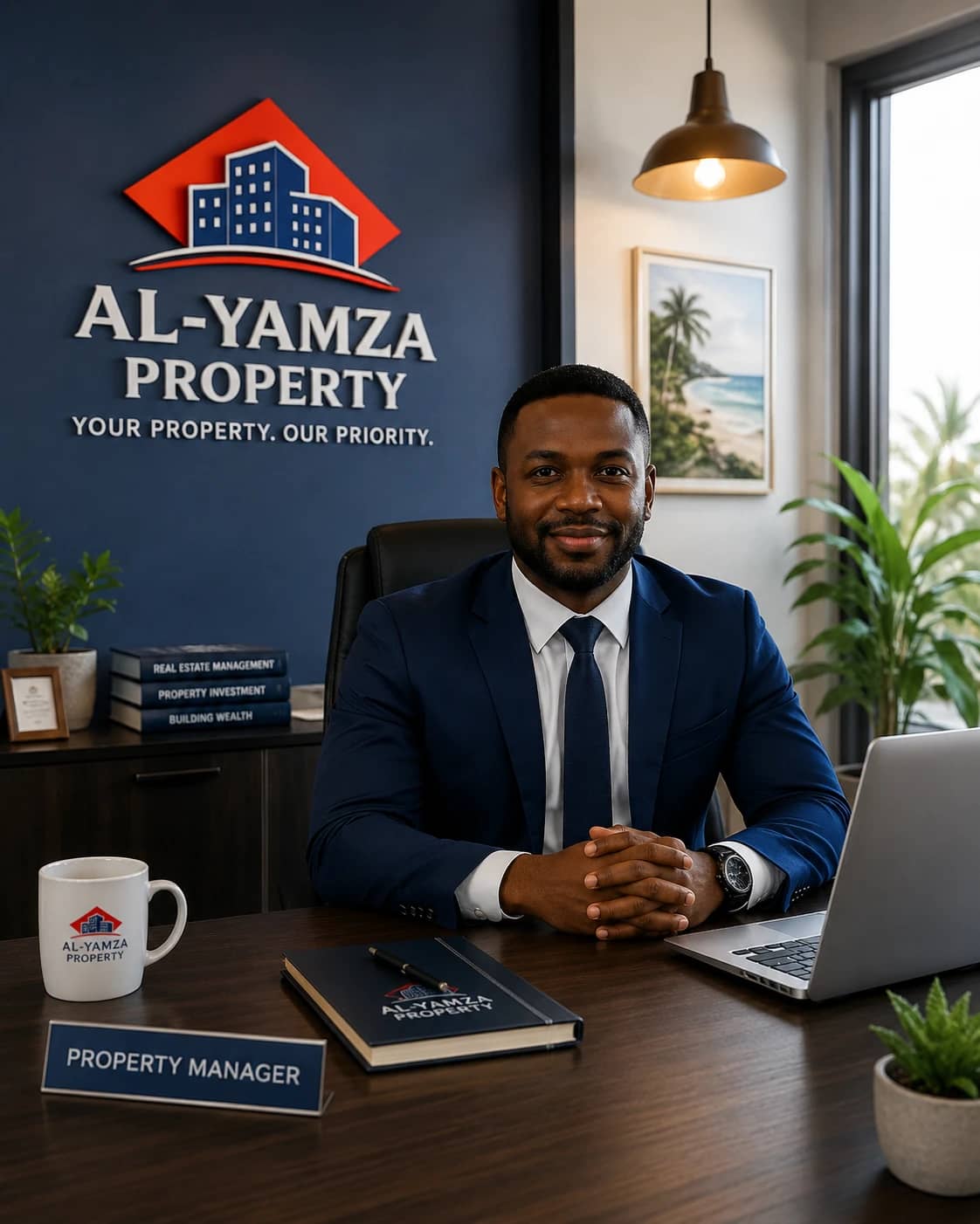 An Al-Yamza property manager at his desk in front of the company logo