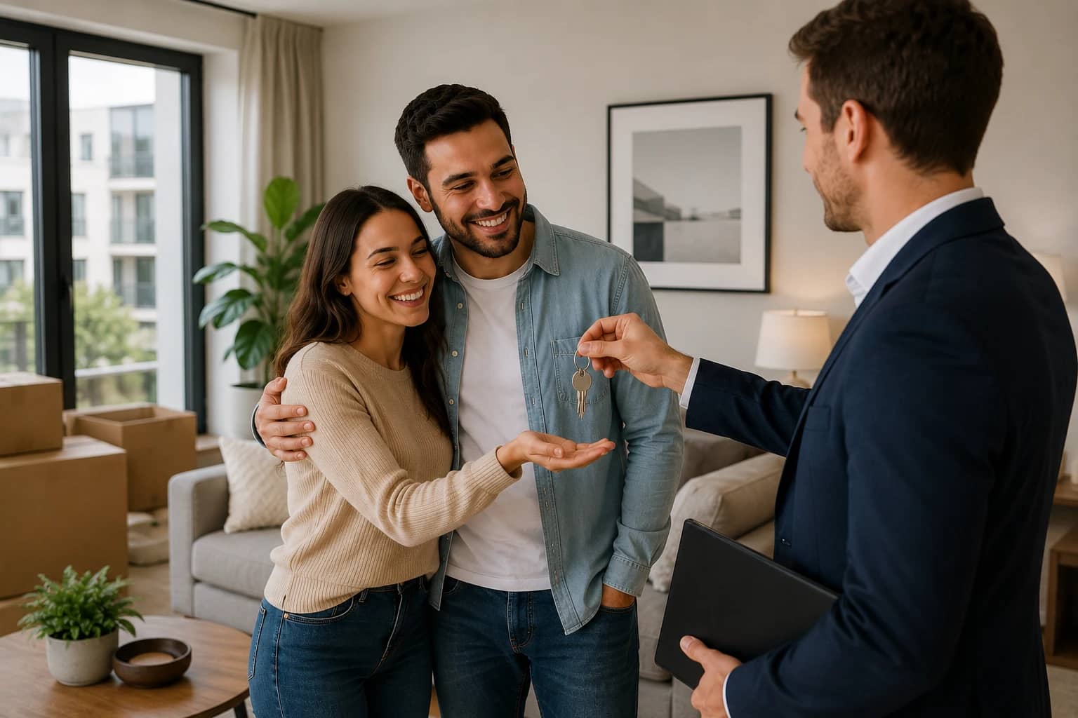 A couple smiling as they receive the keys to their new apartment